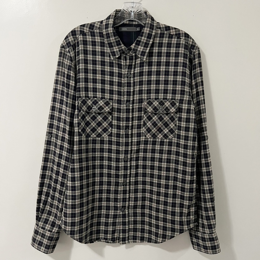 Vince Mens Plaid Button Down Utility Shirt Black Beige Size M Long Sleeve
